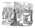 Vintage Drawing of King Solomon Sacrificing to God after Finished the Temple. Man Praying in Front of Altar.Bible, 2 Royalty Free Stock Photo