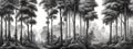 Vintage drawing landscape pattern of ancient European forests of trees wallpaper black and white Royalty Free Stock Photo