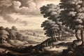 Vintage drawing landscape pattern of ancient European forests of trees wallpaper black and white Royalty Free Stock Photo