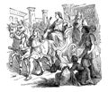 Vintage Drawing of Man Sitting on Luxury Chariot or Wagon and Riding Through Crowd. Biblical Story About Promotion of