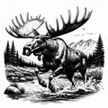 Vintage Drawing of a Moose Running Through Water with Mountains and Trees Royalty Free Stock Photo