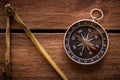 Vintage drawing and navigational Compass on a rustic woodboard