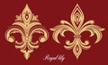 Golden royal lily. A rich pattern. Heraldic symbol. Elegant emblem in the form of a flower.