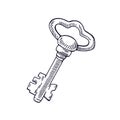 Vintage drawing of old ancient door key. Outlined black and white engraving, etching art of locking item. Retro-styled Royalty Free Stock Photo