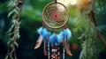 Vintage Dream Catcher Blue Coral on a background of nature. ethnic amulet with a boho vibe