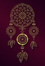 Vintage dreamcatcher with feathers and jewelry in a gold ornament Royalty Free Stock Photo