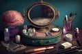 a vintage dressing table with a bejeweled mirror, surrounded by colorful makeup and brushes