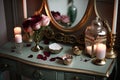 a vintage dressing table with a touch of modern and glamour, featuring candles and rose petals