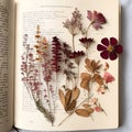 Vintage dried flowers and herbal pressed in the book. Dry rustic bloom floral herbarium in album. Generative AI Royalty Free Stock Photo