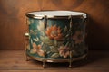 Vintage drum with floral ornament on wooden table. Close up. generative ai