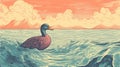 Vintage Duck Illustration With Realistic Landscape And Woodcut-inspired Graphics