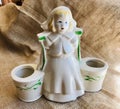 Vintage Dutch Girl with Buckets Pottery Planter in White Green and Yellow