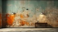 Vintage Dystopian Atmosphere: Turquoise And Orange Paint On Rust Wall
