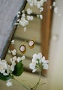 Vintage earrings, pink earrings, vintage mirror Royalty Free Stock Photo
