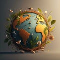 Vintage earth globe with flowers and leaves. 3D illustration that celebrates World Environment Day.