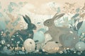Vintage easter bunnies willow eggs illustration composition. Generative AI Royalty Free Stock Photo