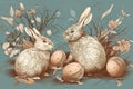 Vintage easter bunnies willow eggs illustration composition. Generative AI Royalty Free Stock Photo