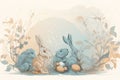 Vintage easter bunnies willow eggs illustration composition. Generative AI Royalty Free Stock Photo