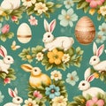 Vintage Easter card with bunnies, with dyed eggs and with flowers . wallpaper generated AI
