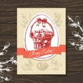 Vintage Easter greeting card, hand drawn sketch illustration wooden background Royalty Free Stock Photo
