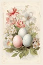 Vintage Easter postcard with pastel eggs and flowers Royalty Free Stock Photo