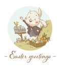 Vector Happy Easter greetings illustration with cute adorable white bunny character in jacket waving