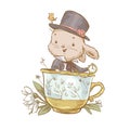 Vector Happy Easter Illustration With Cute Adorable White Bunny Character In Top Hat
