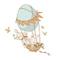 Vector Happy Easter Illustration With Two Cute Adorable White Bunny Characters Fly On Hot Air Ballon  Isolated.