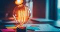 Vintage edison light bulb glows warmly on a desk with colorful sticky notes symbolizing ideas and creativity Royalty Free Stock Photo