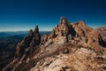 Vintage effect of dolomite rocky panorama with innumerable spiers in the Latemar