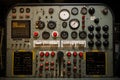 Vintage electrical control panel with buttons and gauges. Generative AI