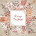 Vintage elegant greeting card with graphic flowers and herbs.