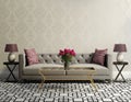 Vintage elegant living room with grey velvet sofa