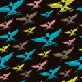 Vintage elegant seamless pattern with colourful Swallows on dark background.