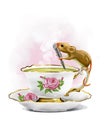 Vintage elegant teacup with a cute mouse