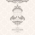 Vintage elegant template with seamless pattern and couple decorative birds. Ornamental lace pastel design for wedding invitation,