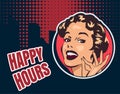 Vintage elegant woman`s head, Okey sign fingers hand. Happy hour text. Vector image