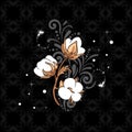 Vintage element with blooming cotton with sparkling diamonds on black background Royalty Free Stock Photo