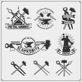 Vintage emblems for forge. Blacksmith labels, badges and design elements.