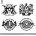 Vintage emblems with skull in center of floral pattern and weapon. Set vector heraldic element for design or t-shirt print on whit