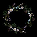 Vintage embroidered flower wreath. Fashion elegant delicate design decoration print.