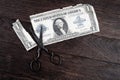 Vintage embroidery scissors cutting old paper dollar bill Royalty Free Stock Photo