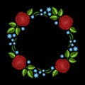 Vintage embroidery wreath with roses for decor. Vector fashion o