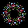 Vintage embroidery wreath with spring pink flowers forget me not