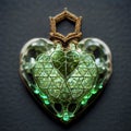 Vintage Emerald Heart with Intricate Carvings on Dark Blue Background