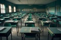 Vintage empty classroom with green desks and chairs. AI Generated Royalty Free Stock Photo