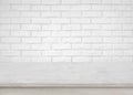 Vintage empty wooden table on defocused white brick wall background Royalty Free Stock Photo