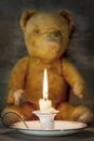 Vintage Enamel Candle Holder with Old Teddy Bear Behind