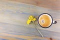 Vintage enamel coffee cup and daisy flowers on wooden table.