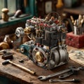 Vintage Engine Model on Workbench with Hand Tools and Workshop Setting Royalty Free Stock Photo